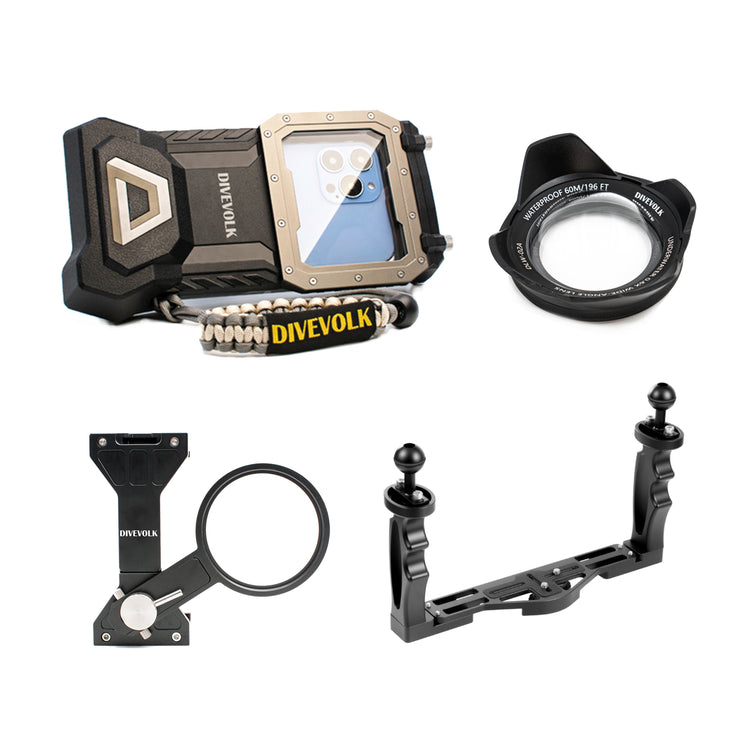 DIVEVOLK SeaTouch 4 MAX kit including 0.6X wide angle lens, expansion clamp and dual handle tray