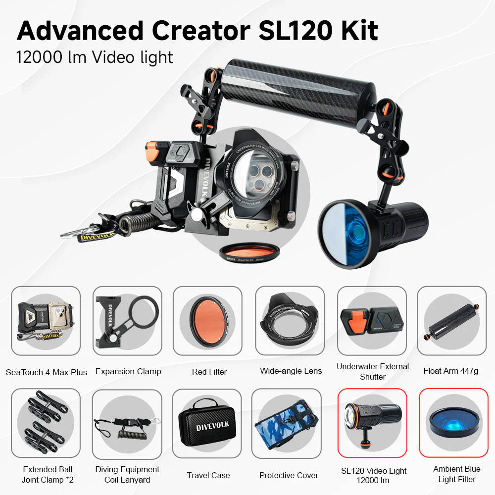 DIVEVOLK SeaTouch 4 MAX PLUS Underwater Housing Advanced Creator Kit including Float Arm and 5600 or 12000 Lumen dive light, dive housing, waterproof phone case - Image 11