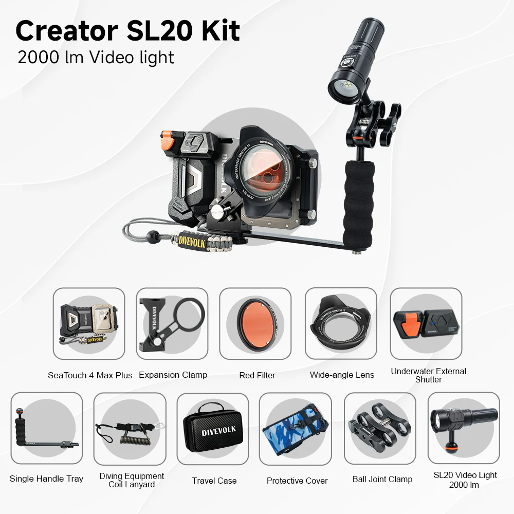 DIVEVOLK SeaTouch 4 MAX PLUS  Underwater Housing Creator Kit /  including 2000 or 5600lm Lumen dive light and single handle tray, dive housing, waterproof phone case - Image 12