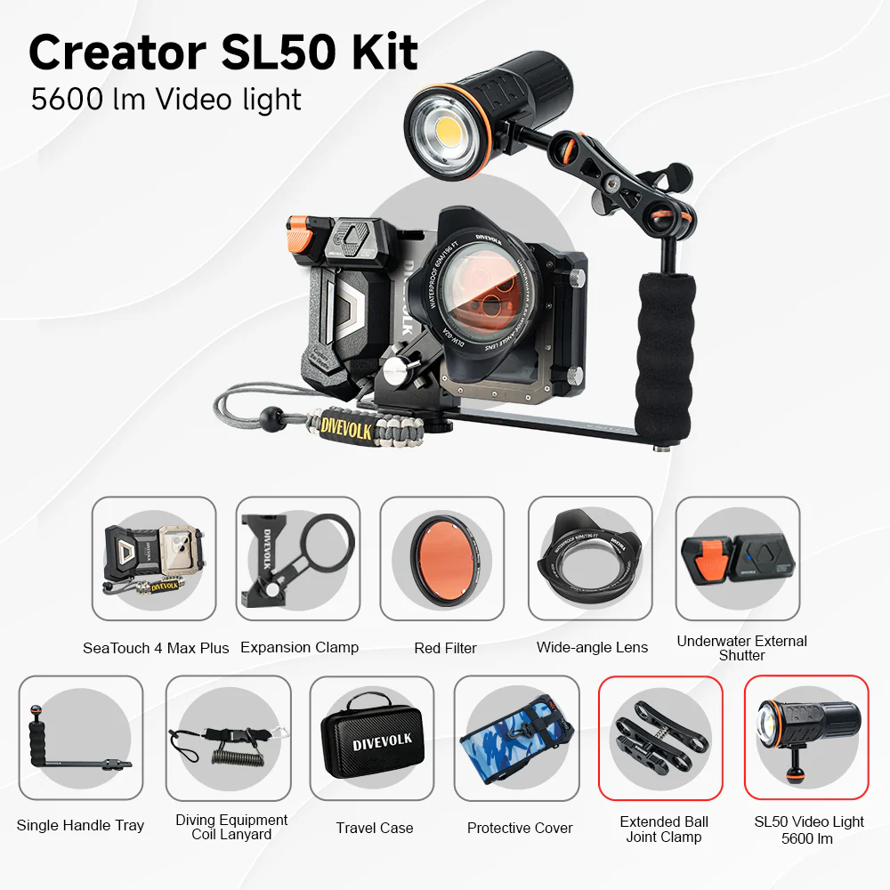 DIVEVOLK SeaTouch 4 MAX PLUS  Underwater Housing Creator Kit /  including 2000 or 5600lm Lumen dive light and single handle tray, dive housing, waterproof phone case - Image 13