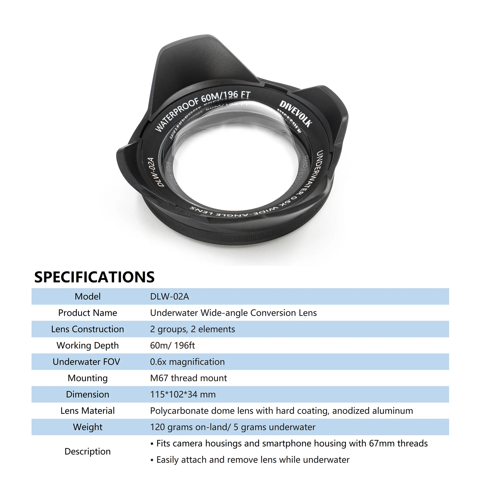 Underwater Wide-angle Conversion Lens X0.6  for DIVEVOLK Housing and Compact Camera Houisng - Image 4